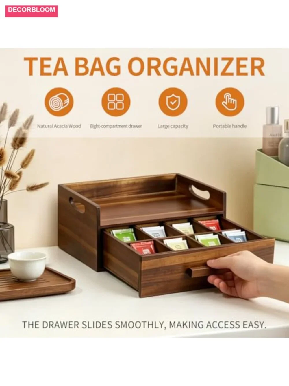 Acacia Wood Tea Bag Organizer Drawer with 12 Compartments, Tea Storage Caddy